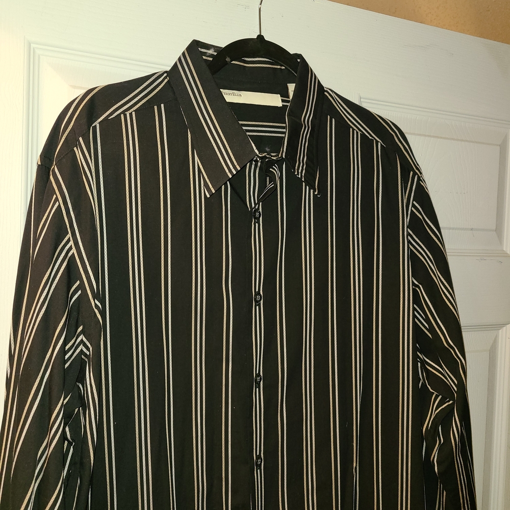 Perry Ellis Black and Cream Striped Men's Dress Shirt Size XL
